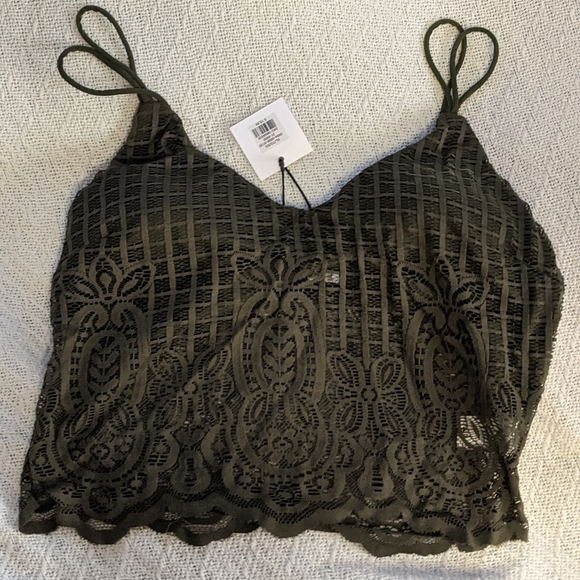 Olive Green Lacy Stretchy Crop Top - Picture 1 of 3
